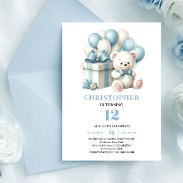 Födelsedagsinbjudan pojke teddybjörn ballonger blå inbjudningar