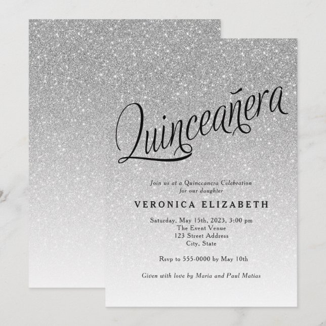 Födelsedagsinbjudan Quinceanera Silver Glitter Inbjudningar (Fram/baksida)