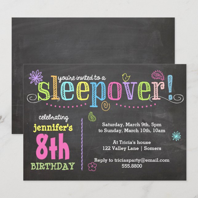 Födelsedagsinbjudan - Sleepover Party, Chalk + Neo Inbjudningar (Fram/baksida)