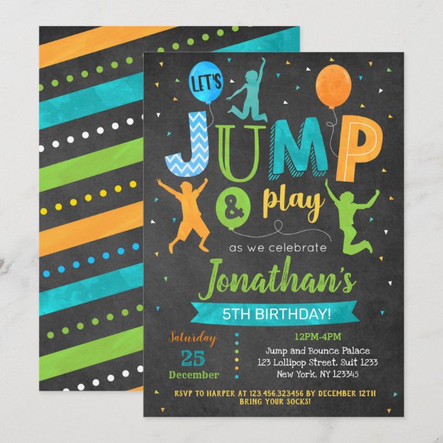 Födelsedagsinbjudan Studs Trampolin Fest  Inbjudningar (Fram/baksida)