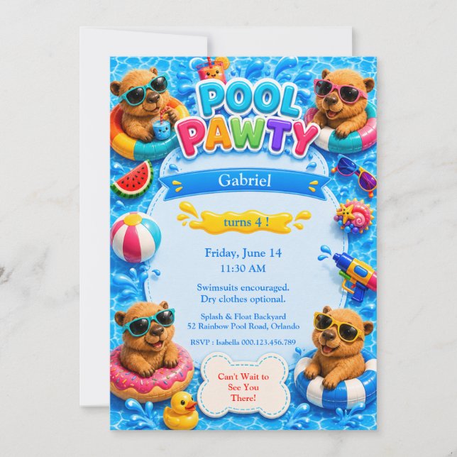 Födelsedagsinbjudan till Capybara Pool Party Inbjudningar (Framsida)
