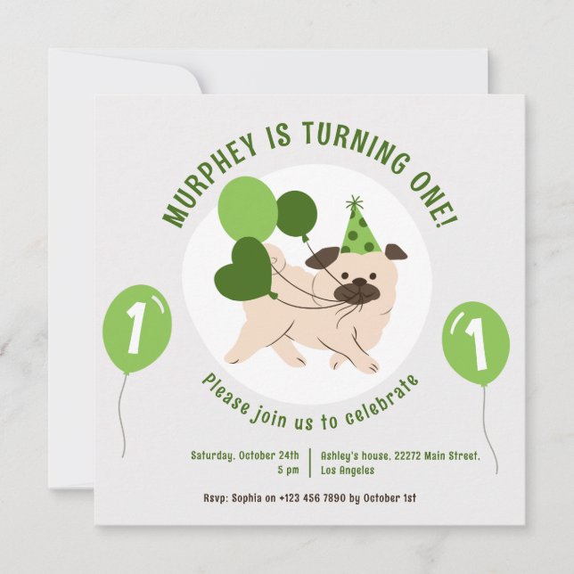 Födelsedagsinbjudan till hund och gröna ballonger inbjudningar (Framsida)