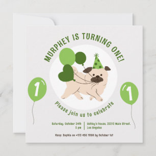 Födelsedagsinbjudan till hund och gröna ballonger inbjudningar