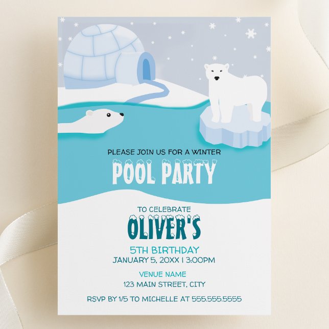 Födelsedagsinbjudan till isbjörn poolparty inbjudningar (Polar Bear Pool Party Winter Birthday Invitation)