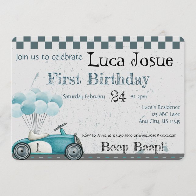 Födelsedagsinbjudan till klassisk bil, baby shower inbjudningar (Framsida)