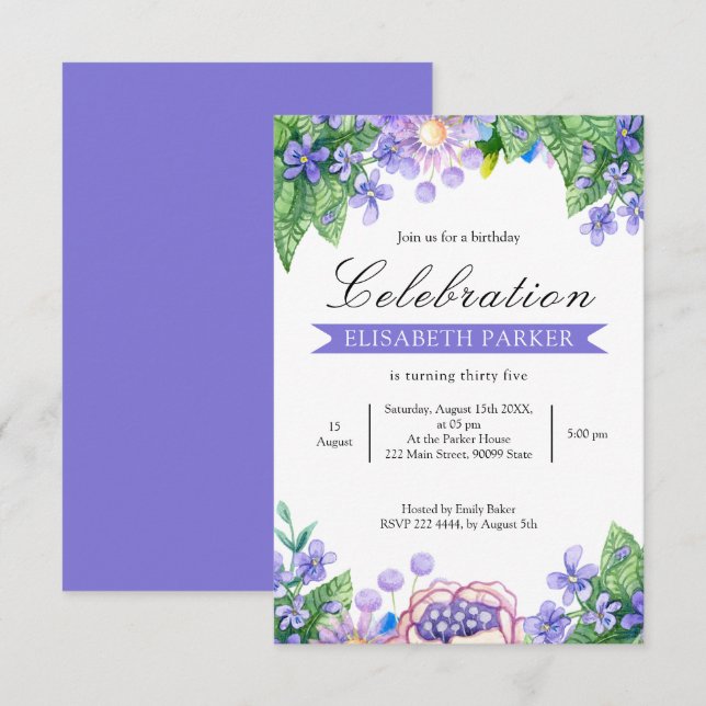 Födelsedagsinbjudan till Lavender Watercolor Flowe Inbjudningar (Fram/baksida)