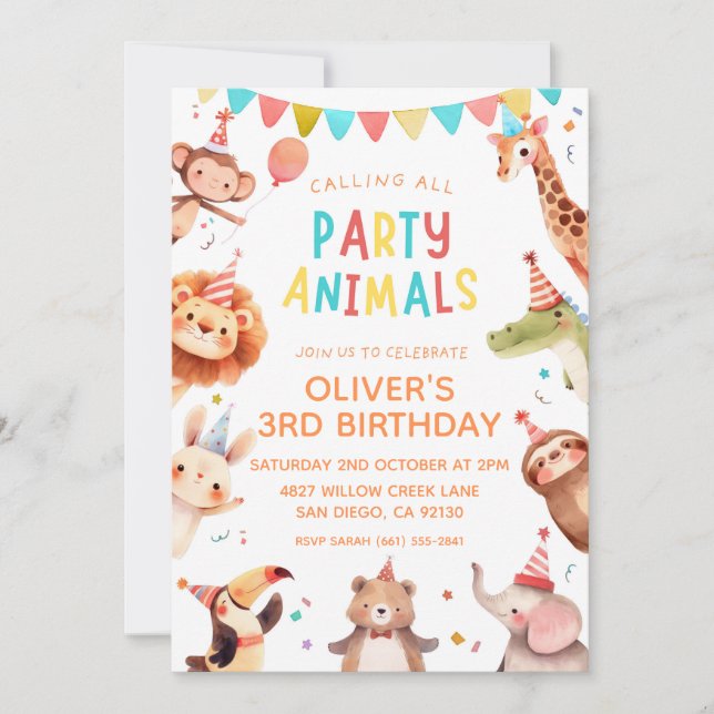 Födelsedagsinbjudan till Party Animals Inbjudningar (Framsida)