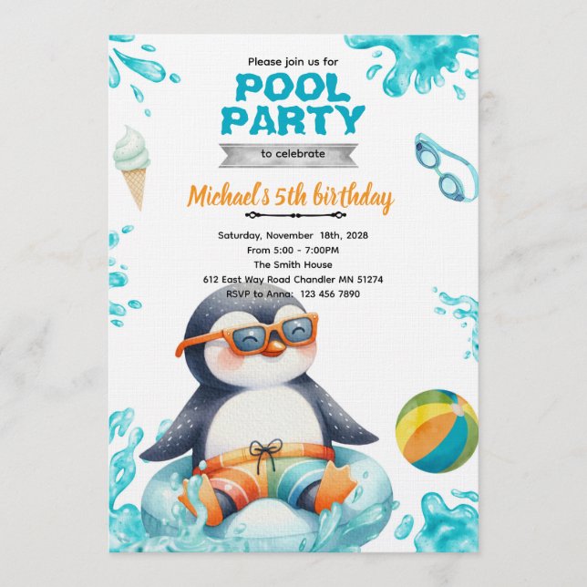 Födelsedagsinbjudan till pingvins poolparty inbjudningar (Framsida)