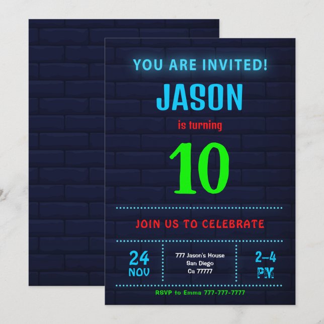 Födelsedagsinbjudan till pojke inbjudningar (Fram/baksida)