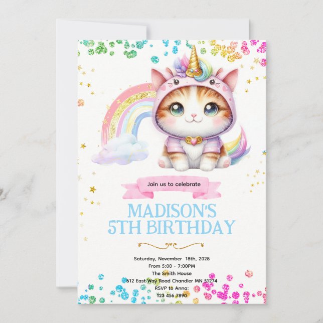 Födelsedagsinbjudan till regnbåge Caticorn Inbjudningar (Framsida)