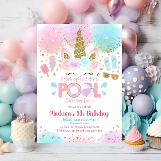 Födelsedagsinbjudan till Unicorn Bassäng Party Ros Inbjudningar (Skapare uppladdad)