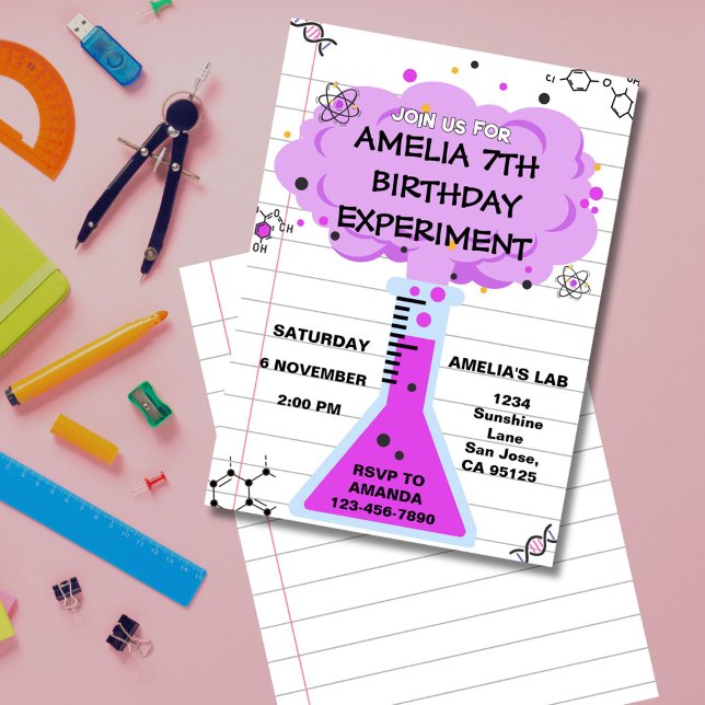 Födelsedagsinbjudan till vetenskapsexperiment inbjudningar (Fun science lab birthday invitation with colorful test tube and beakers for little scientists.)
