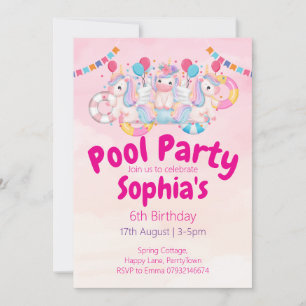 Födelsedagsinbjudan Unicorn Bassäng Party 6e Ros Inbjudningar