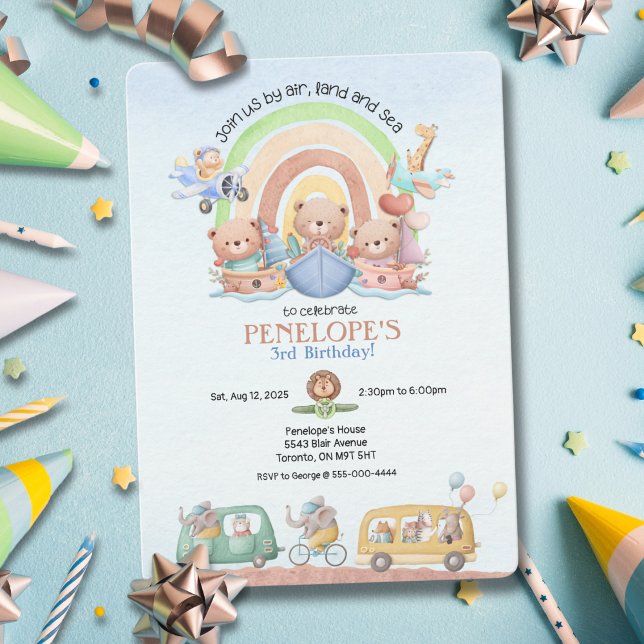 Födelsedagsinbjudan via luft, land och hav inbjudningar (Calling everyone, whether by land, air or sea – perfect invite for kids' birthdays!"






)