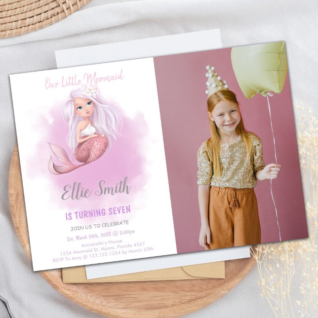 Födelsedagsinbjudningar av koppar Svan Sjöjungfru  Inbjudningar (Copper Tail Mermaid Birthday Invitations w photo)