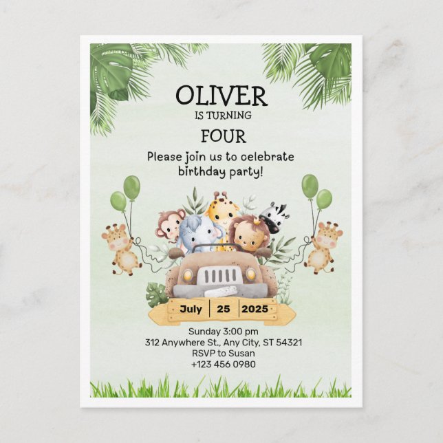 Födelsedagsinbjudningskort Safari Zoo 4 år Vykort (Framsida)