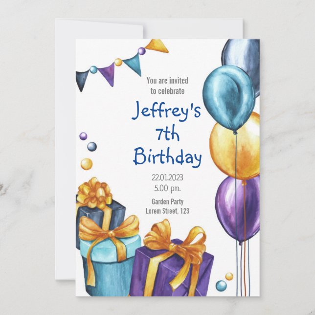 Födelsedagsinvasion med ballonger och presentinbju inbjudningar (Framsida)