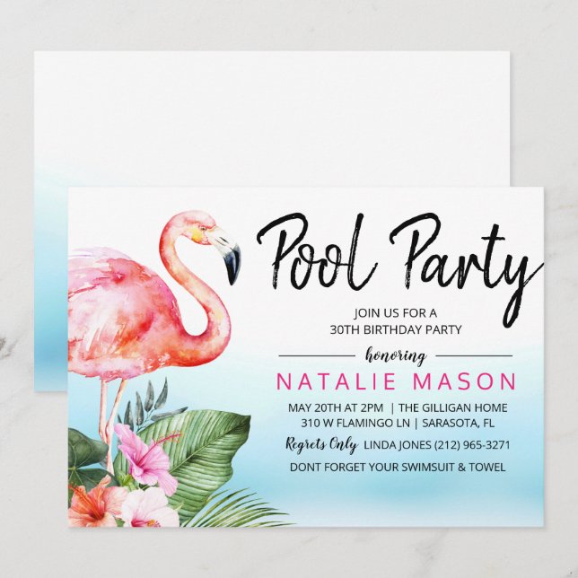 FÖDELSEDAGSINVITATION FÖR POOLPARTY I TROPISK STIL INBJUDNINGAR (Fram/baksida)