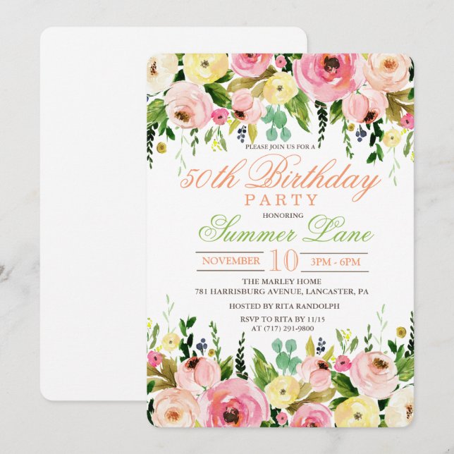 FÖDELSEDAGSINVITATION MED BLOMMOR FÖR ALLA ÅLDERAR INBJUDNINGAR (Fram/baksida)