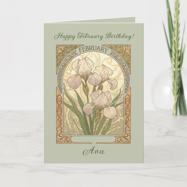 Födelsedagsirisblommor i Art Nouveau-stil i februa Kort (Framsida)