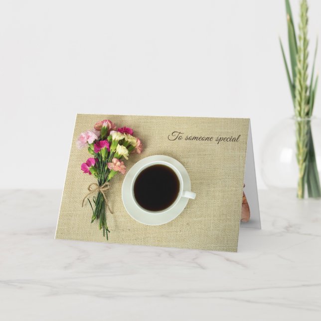 Födelsedagskaffe med nejlikbouquet kort (Framsida)
