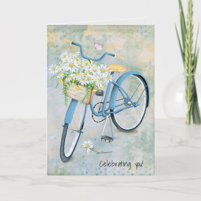 födelsedagskalas daisy basket på blå cykel kort (Framsida)