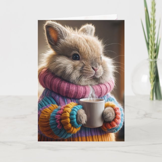 Födelsedagskanin som håller en kaffemugg kort (Framsida)