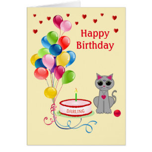 Födelsedagskatt, hjärta och flerfärgade ballonger hälsningskort