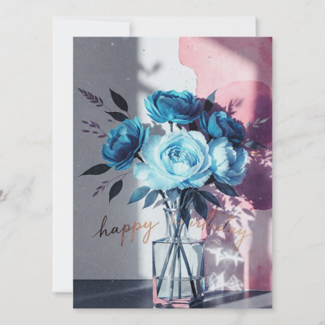födelsedagskort blå moderna blommor rosa akvarell (Framsida)