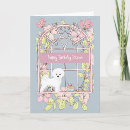 Födelsedagskort för Bichon Hund. Fönstret blommigt Kort