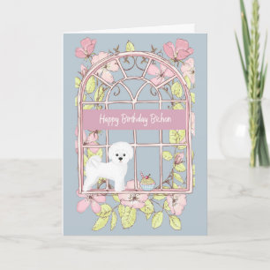 Födelsedagskort för Bichon Hund. Fönstret blommigt Kort