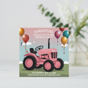 Födelsedagskort för Cute Rosa Tractor Inbjudningar