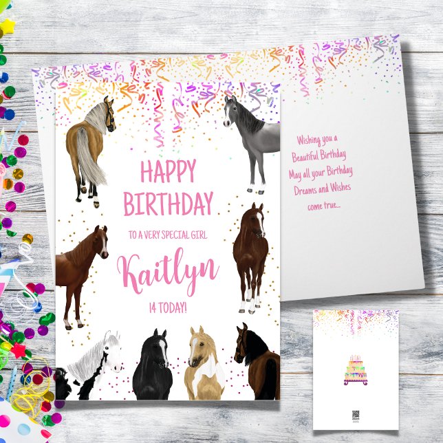 Födelsedagskort för hästflicka med namn och ålder kort (Horse Lover Birthday Card with Name and Age, many horses different colors)