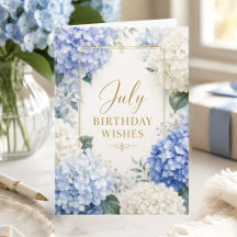 Födelsedagskort för juli med eleganta blå hortensi