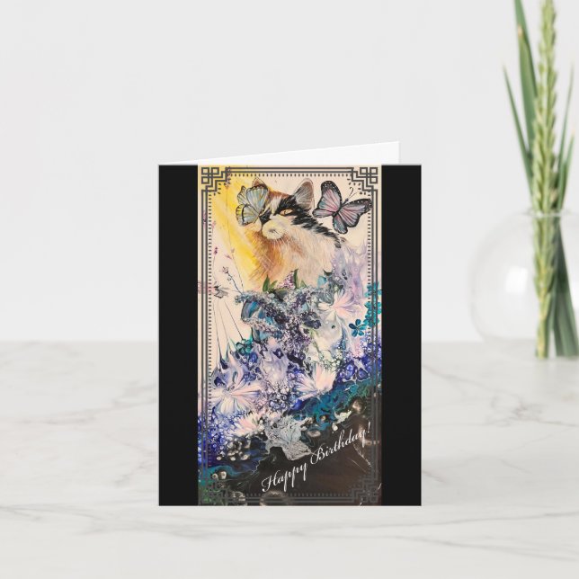 Födelsedagskort för katt och fjäril tack kort (Framsida)