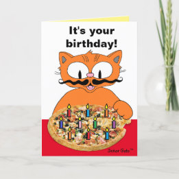 Födelsedagskort Humoristisk Mustasch Katt Pizzafes Kort