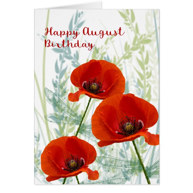 Födelsedagskort i augusti med poppies hälsningskort (Framsidan)
