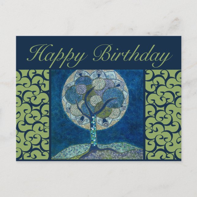 födelsedagskort - måne i blommålning vykort (Framsida)