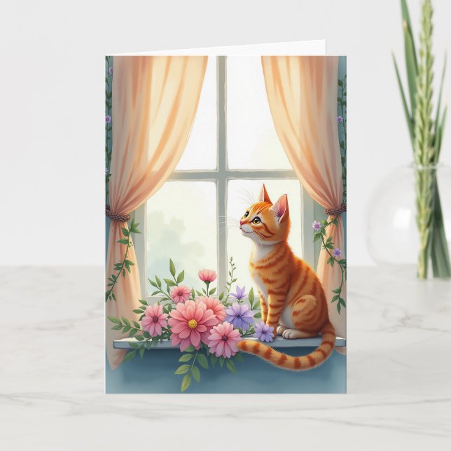 Födelsedagskort med blommig kattunge kort (Framsida)