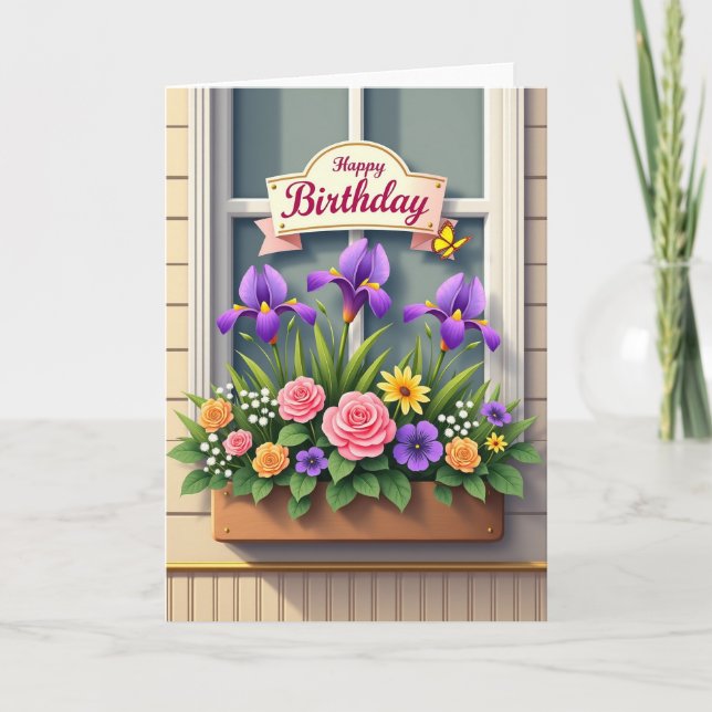 Födelsedagskort med blommor i fönsterlåda kort (Framsida)