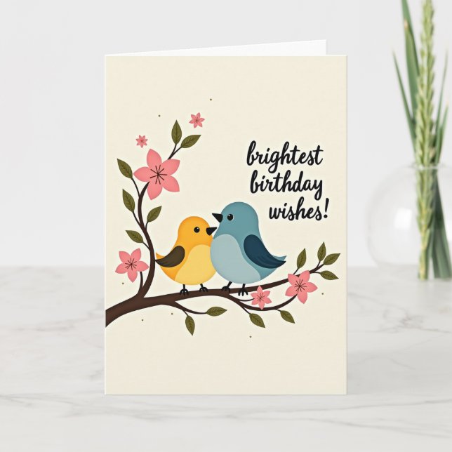 Födelsedagskort med blommor och fåglar kort (Framsida)