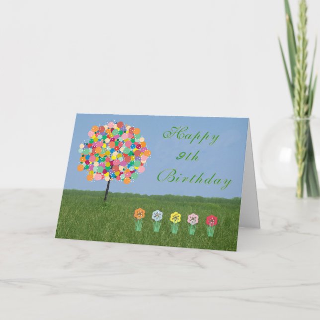 Födelsedagskort med Bubblegum Träd 9 år. Gamla bar Kort (Framsida)
