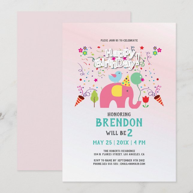 Födelsedagskort med elefant och fågel inbjudningar (Fram/baksida)