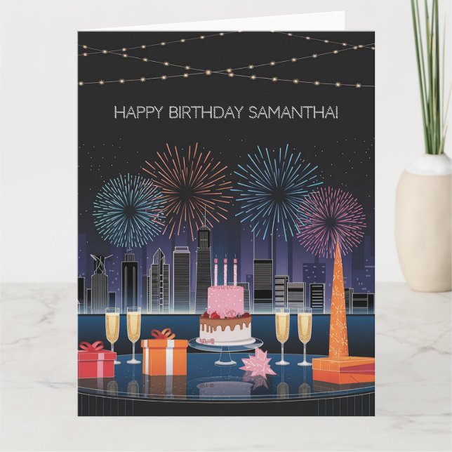 Födelsedagskort med Fireworks och Cityscape Kort (Framsida)