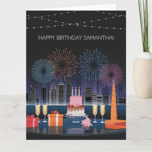 Födelsedagskort med Fireworks och Cityscape Kort