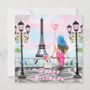 Födelsedagskort med kvinna i Paris Eiffel Torn Kort