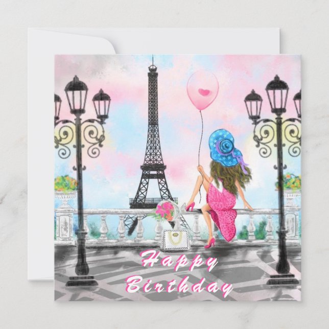 Födelsedagskort med kvinna i Paris Eiffel Torn Kort (Framsida)