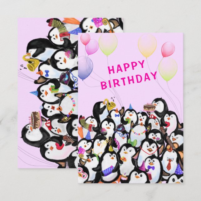 Födelsedagskort med Lycklig Penguin Party (Fram/baksida)