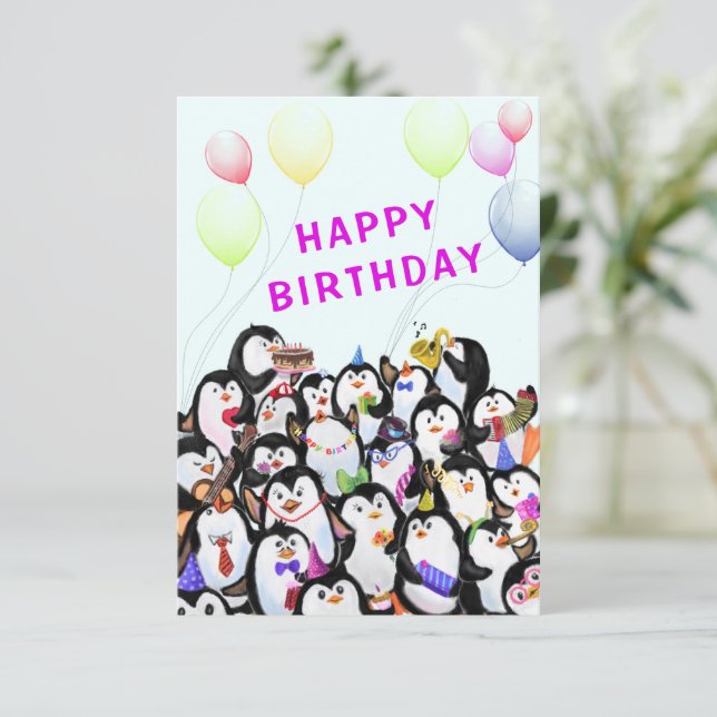 Födelsedagskort med Lycklig Penguins Party (Stående Fram)