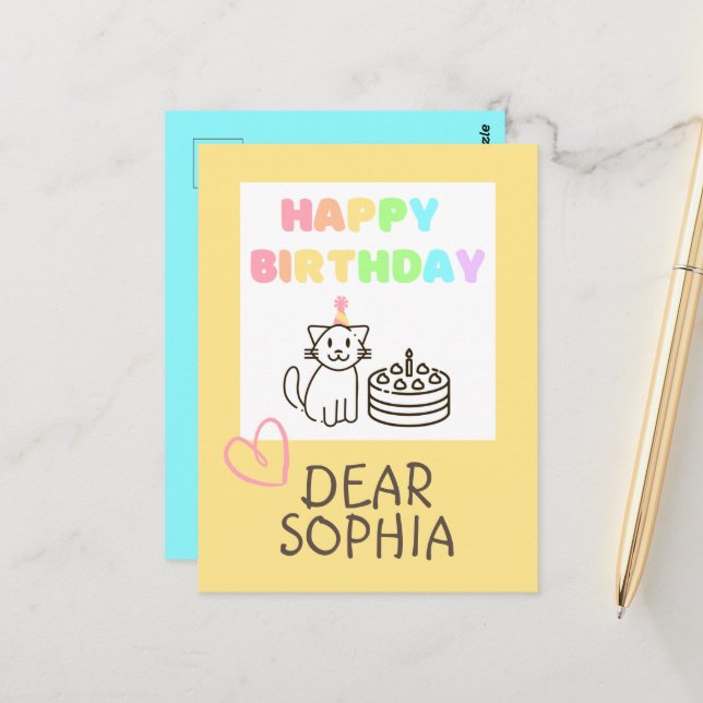 Födelsedagskort med lycklig regnbågskatt vykort (Fram/Back In Situ)